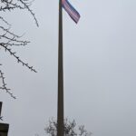 Trans pride flag flying on a large pole in front of trees.