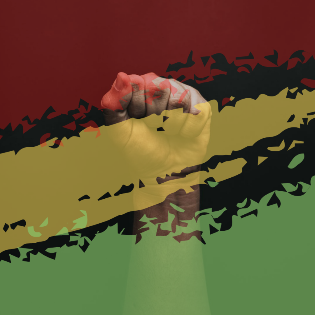 A clenched fist being raised upwards with a red, yellow, and green overlay.