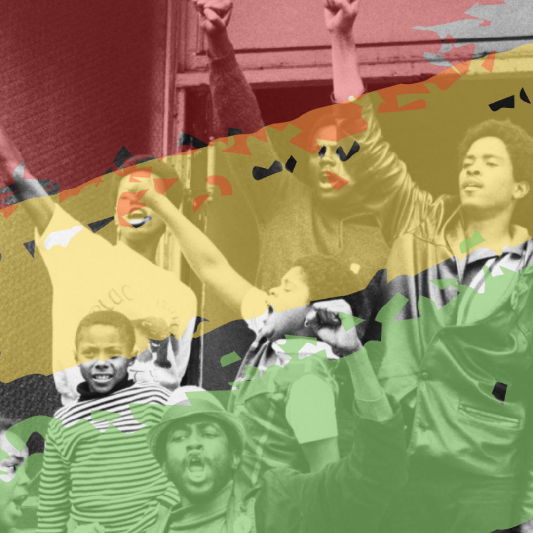 Young men raising their clenched fists and protesting with a red, yellow, and green overlay.