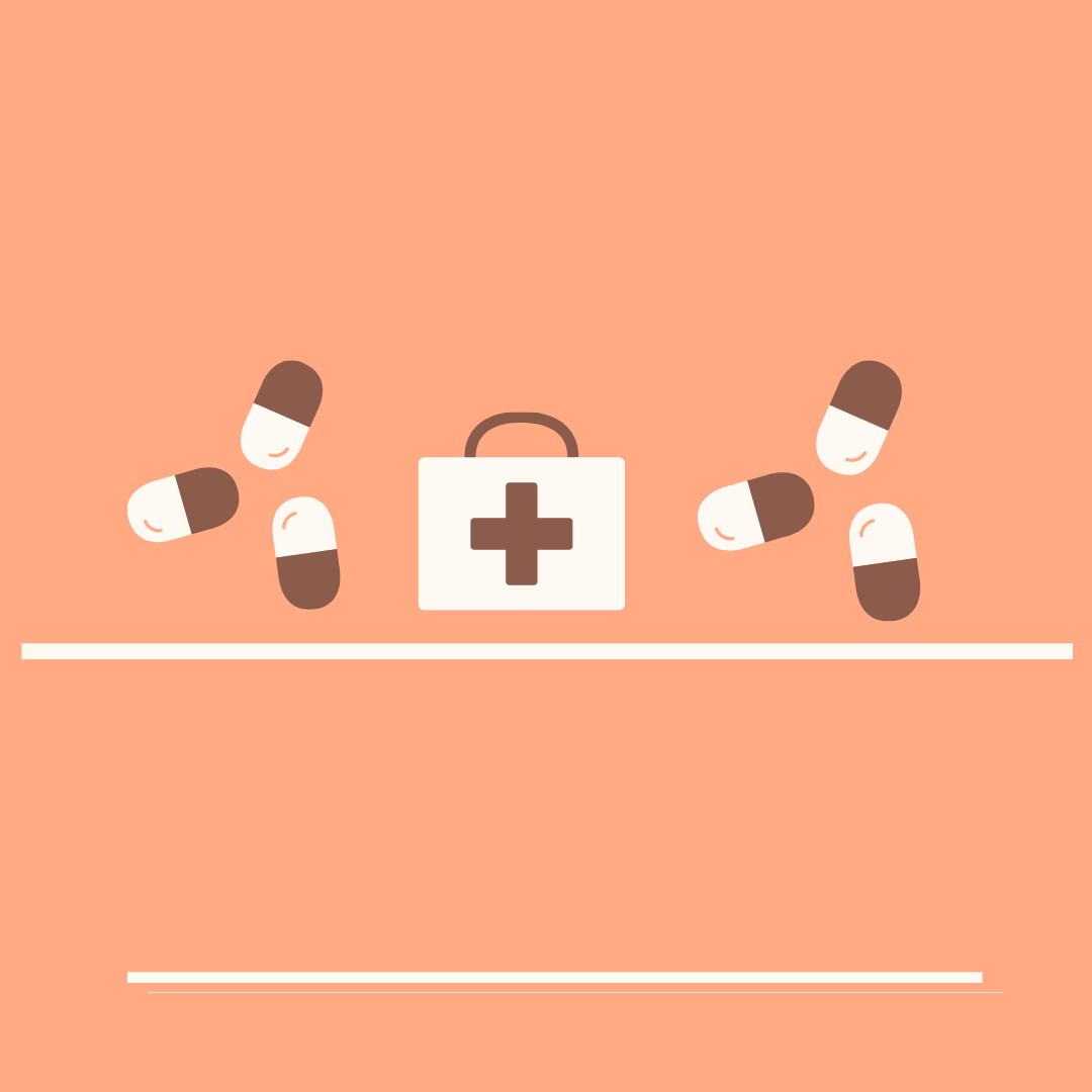 Graphic of a medical box and two piles of pills on an orange background.