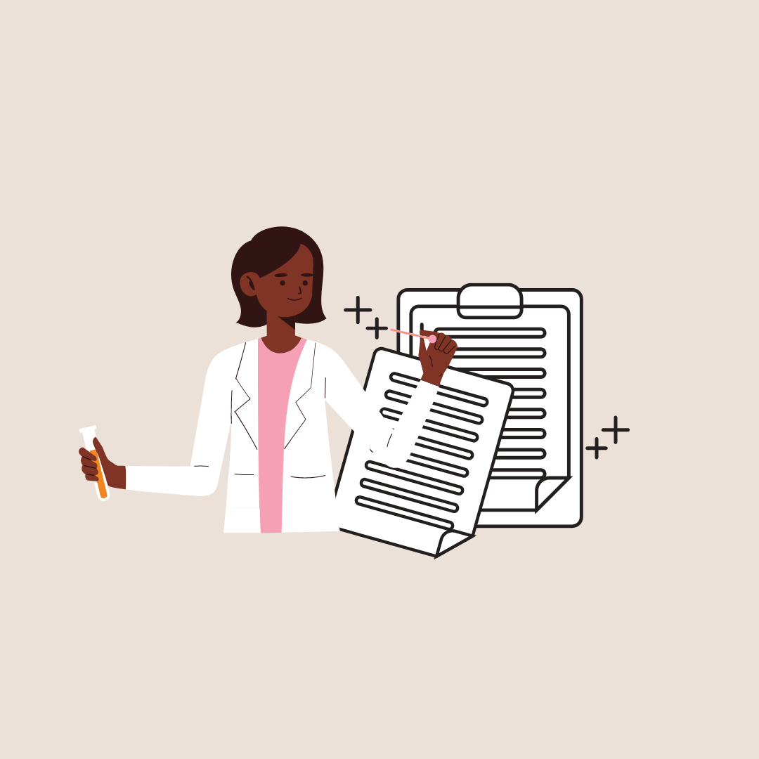 Simple graphic illustration of a doctor with an orange vial and clipboard with papers.