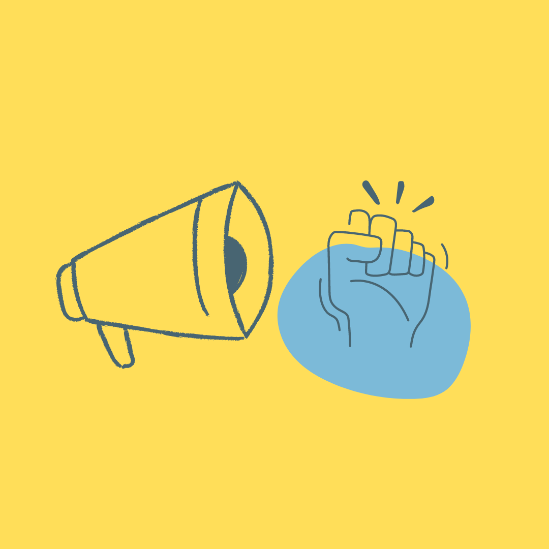 Simple illustration of a blue megaphone and a clenched first with a yellow background.