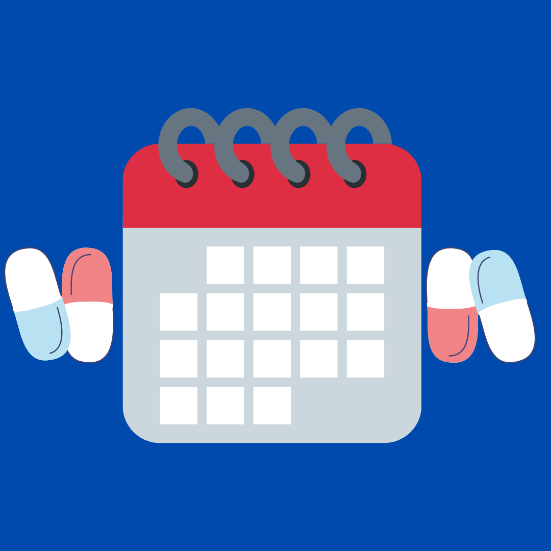 Simple illustration of a calendar with pills on either side of it with a dark blue background.