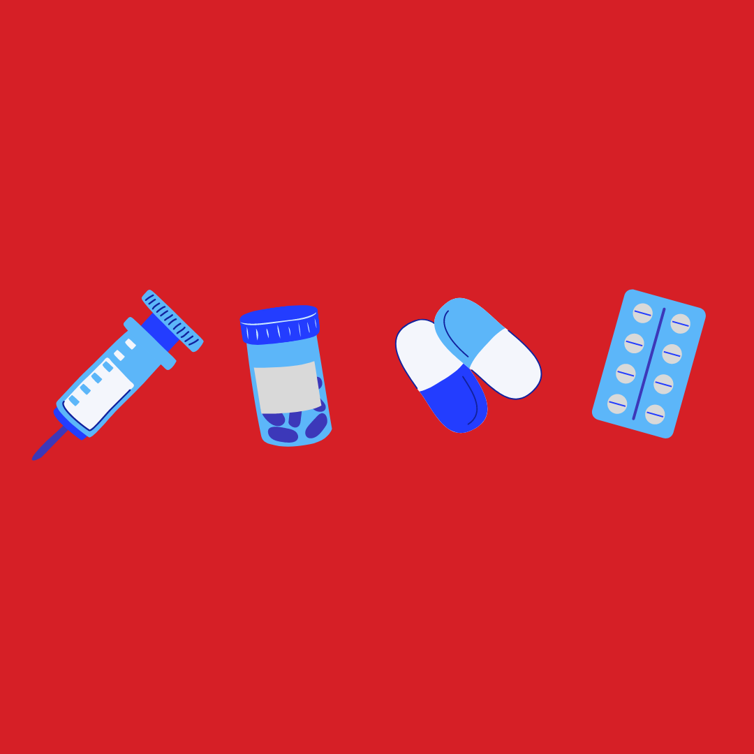 Illustration of blue syringe, bottle of pills, pills, and a blister packaging of bills on a red background.