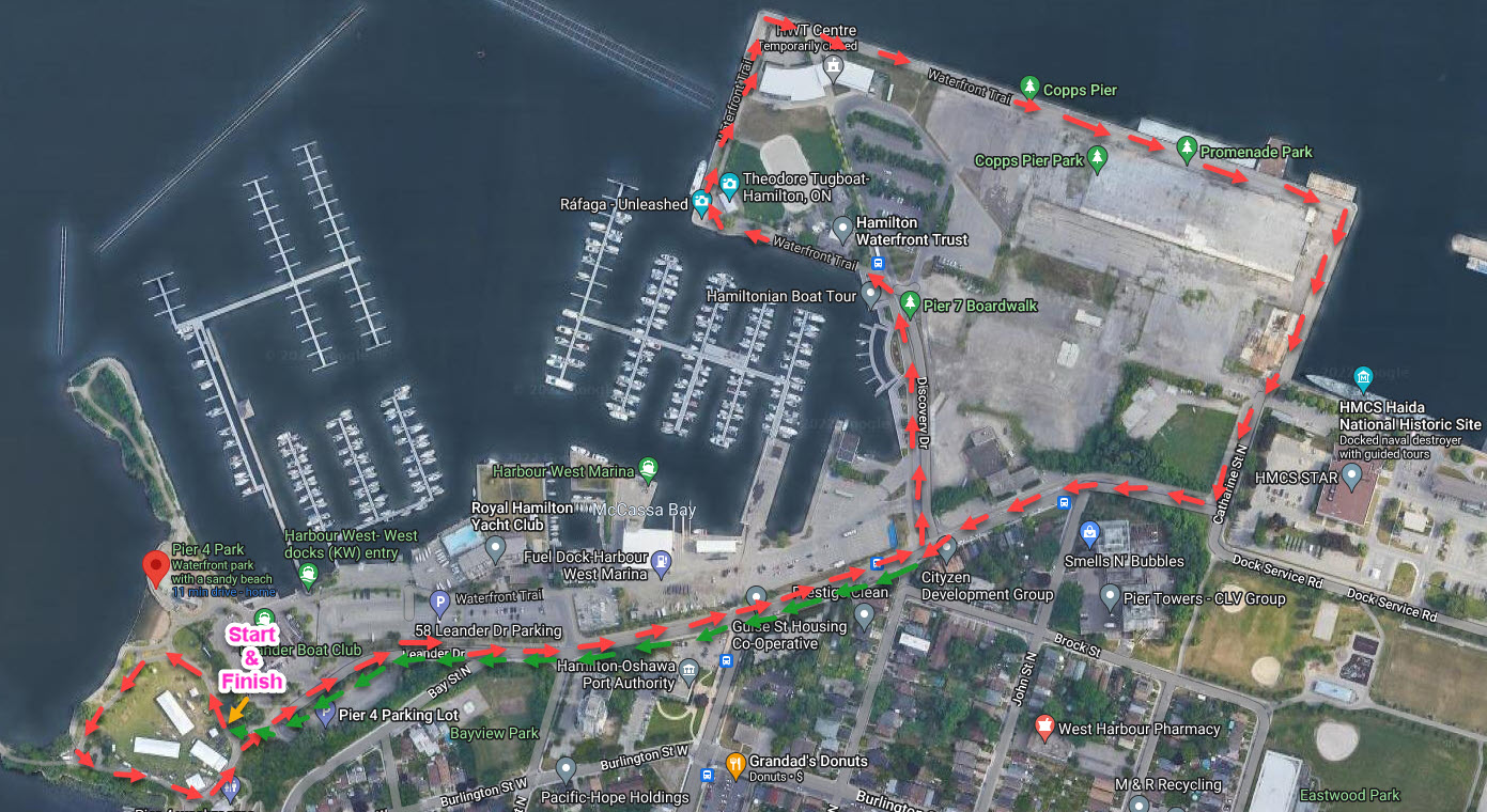 Ariel view map of the walk route from Pier 4 Park to and around Pier 7 Boardwalk and back to Pier 4 Park.  Red and green arrows marking the route path.  Walk route is 2.8 km