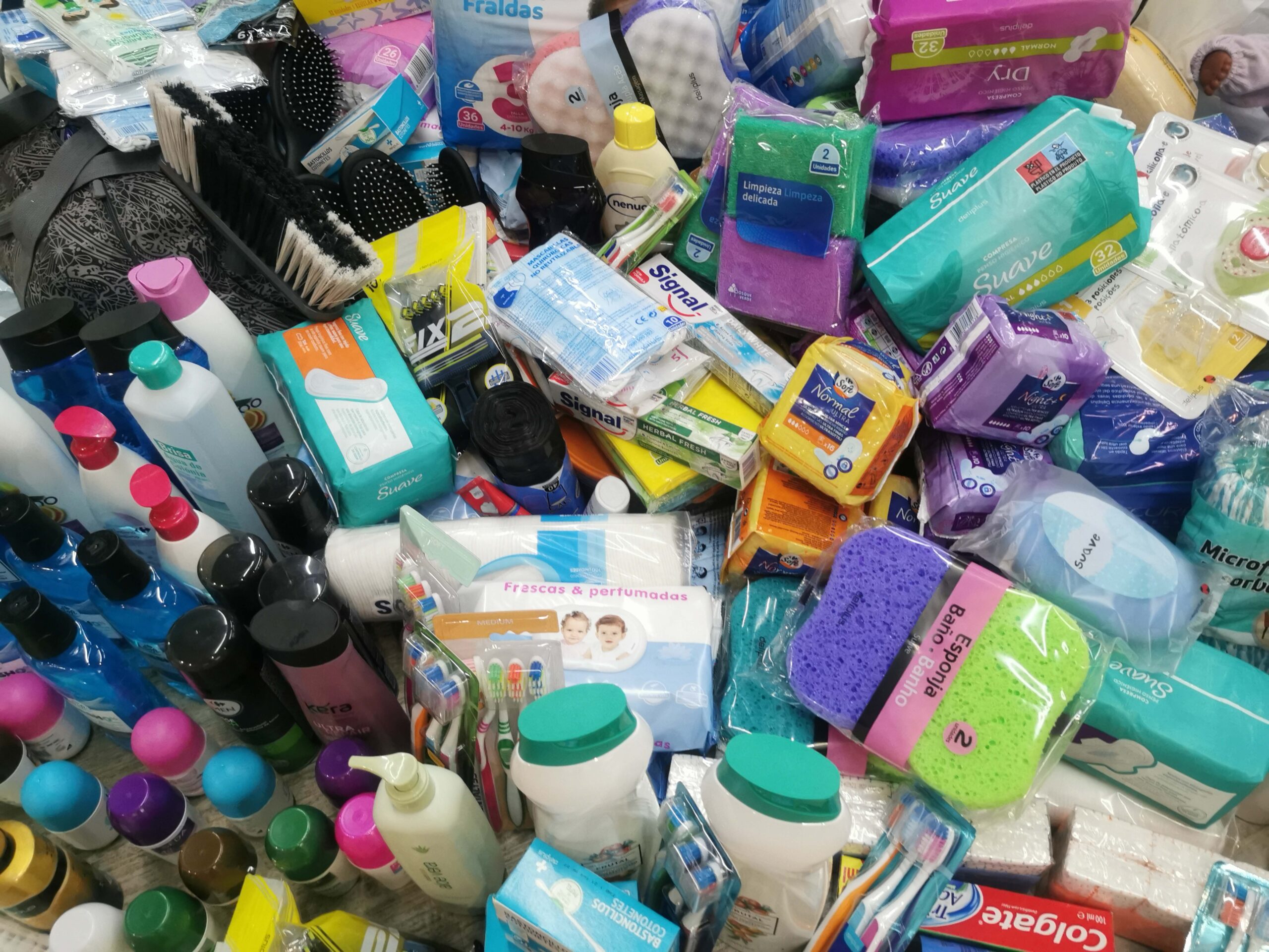 A large amount of toiletries and and cleaning supplies.