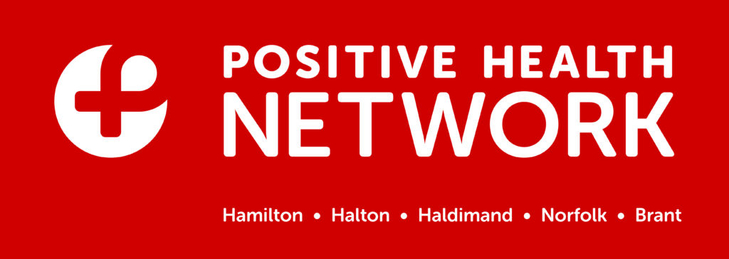 Logo for Positive Health Network with red background and white lettering.  Also contains the names of all the regions served including Hamilton, Halton, Haldimand, Norfolk, and Brant