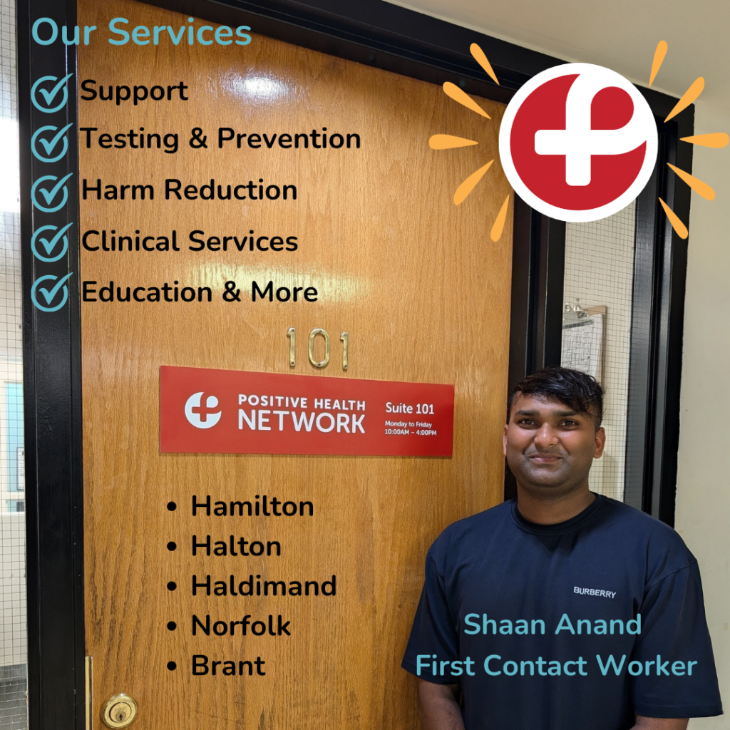 Front door of Positive Health Network with red background signage.  Icon graphic on picture.  Our Services with blue check marks beside Support, Testing & Prevention, Harm Reduction, Clinical Services, Education & more.  Also contains bulleted list of locations which consist of Hamilton, Halton, Haldimand, Norfolk, and Brand.  Picture contains a picture of Positive Health Network's First Contact Worker, Shaan Anand.